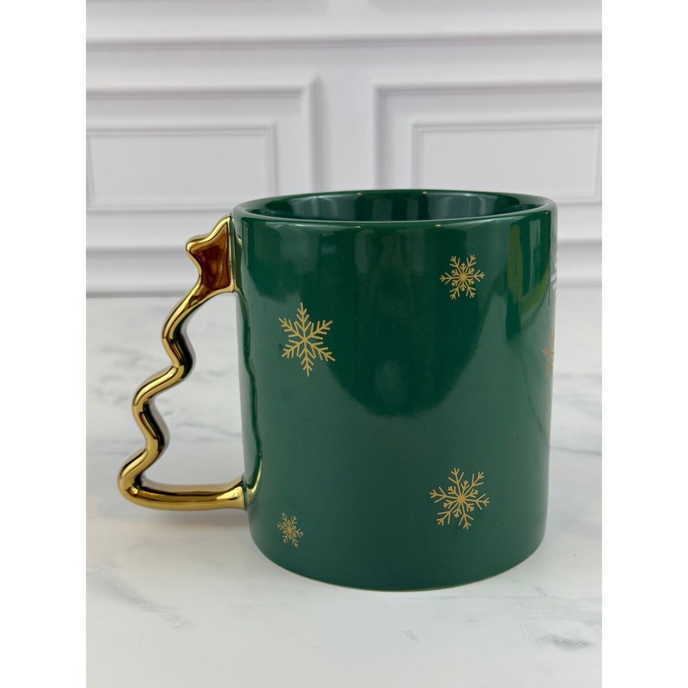 Starbucks 2025 Holiday Mug Green Snowflakes Tree Shaped Handle 4" MINT! - Picture 3 of 8